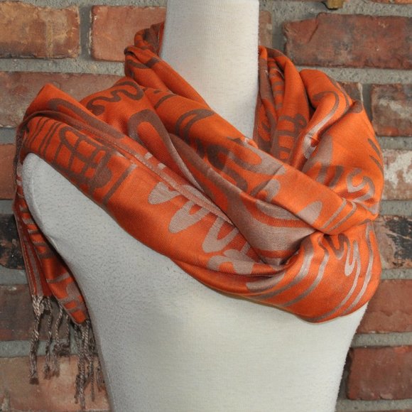 100% Cashmere Orange & Taupe Wavy Design Wrap Shawl New Without Tag - Picture 3 of 8